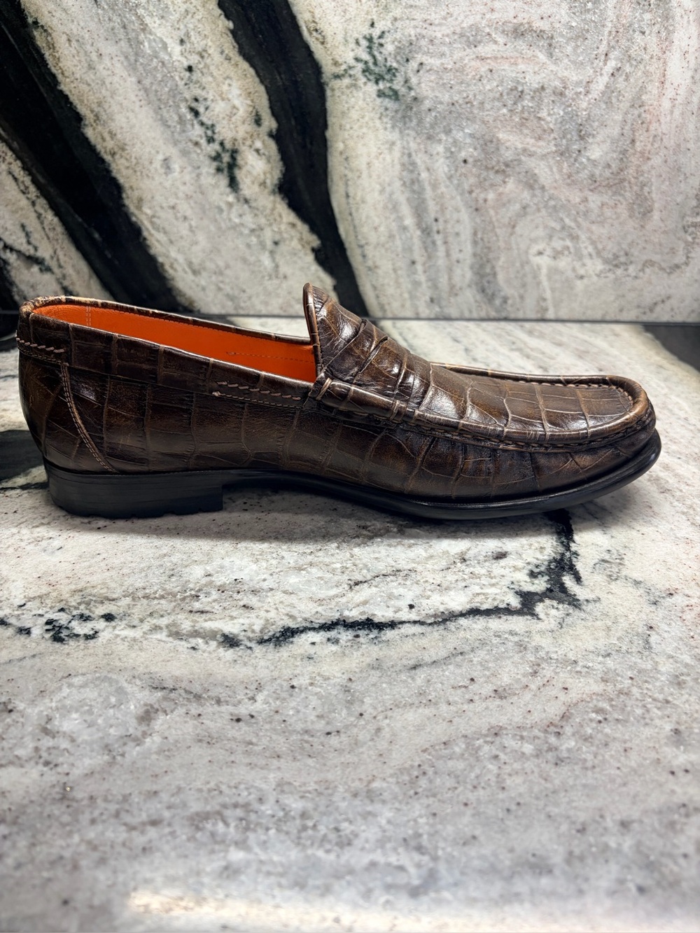 Santoni Croc Embossed Penny Loafers Brown Leather US 10 UK 9.5 Italy - Picture 7 of 11